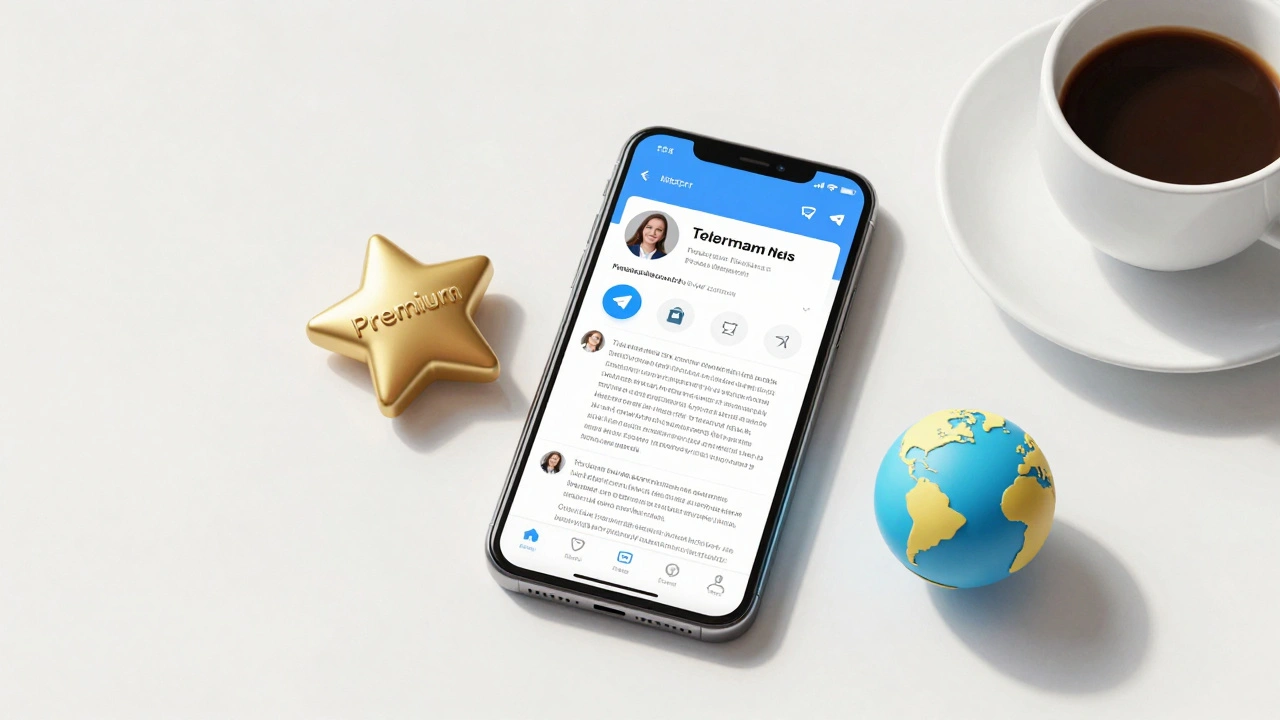 A smartphone showing an optimized Telegram news profile with growth symbols