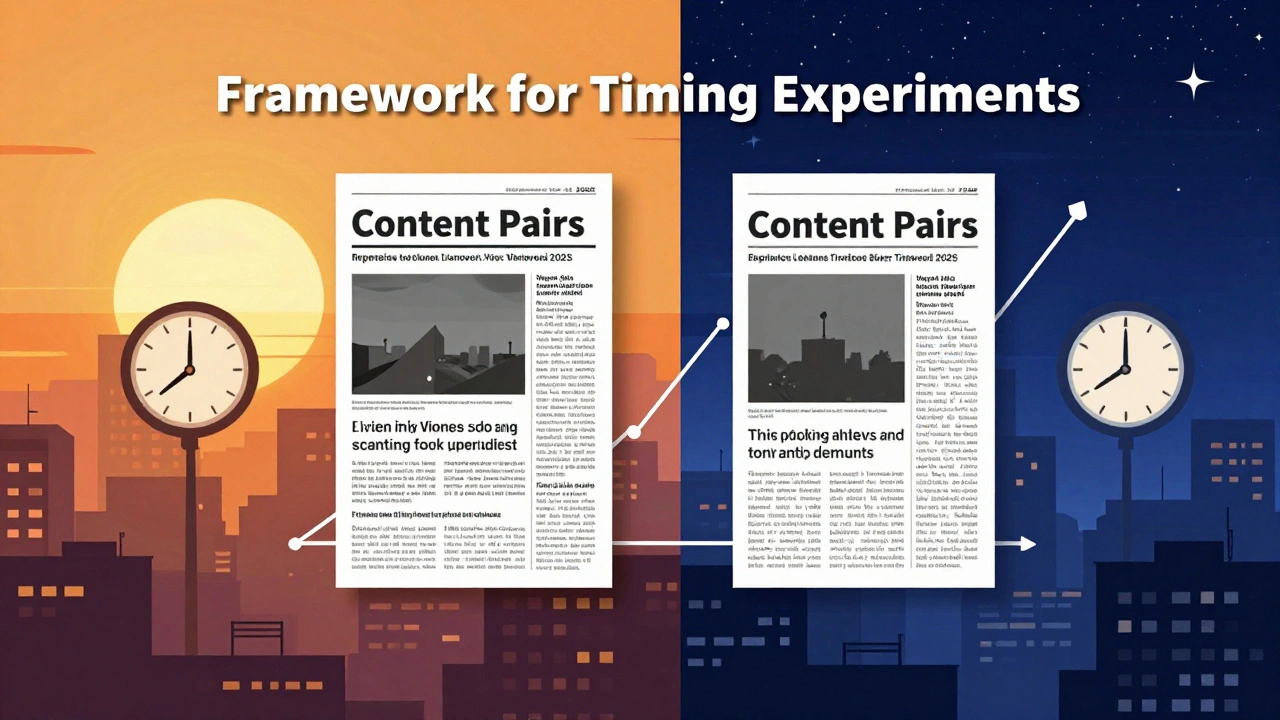 A split scene comparing morning and evening posting times with mirrored news content and a growth graph