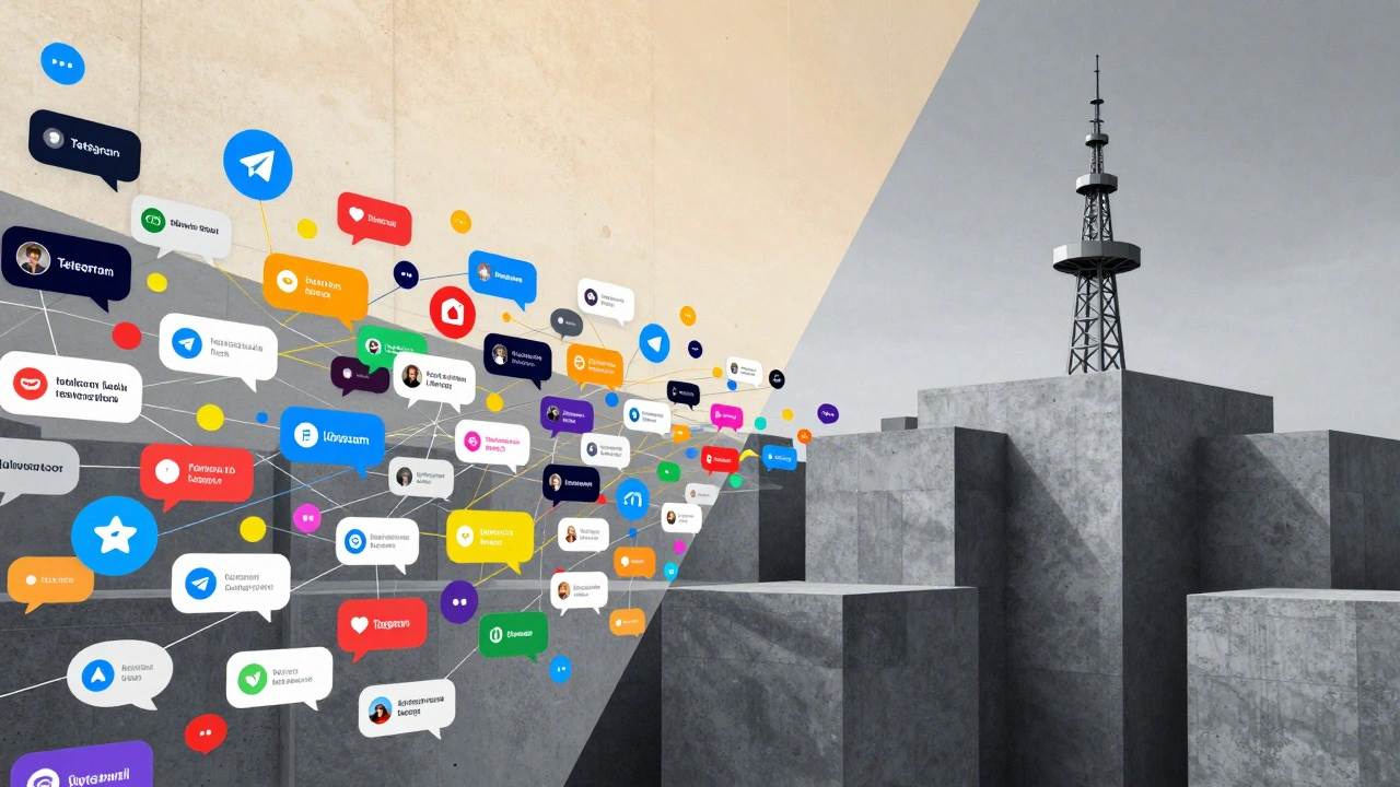 A split screen comparing a colorful social network to a monolithic gray state-controlled system.