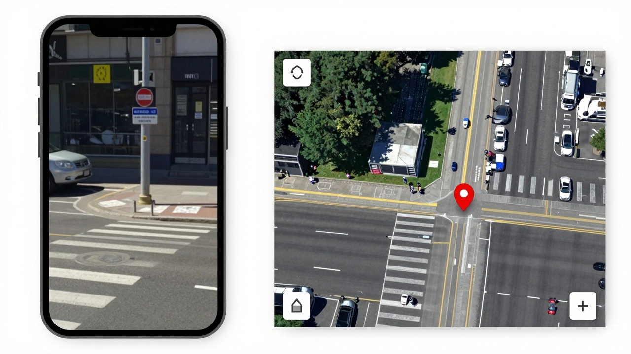 A split-screen comparison of a raw video frame and a satellite map for geolocation.