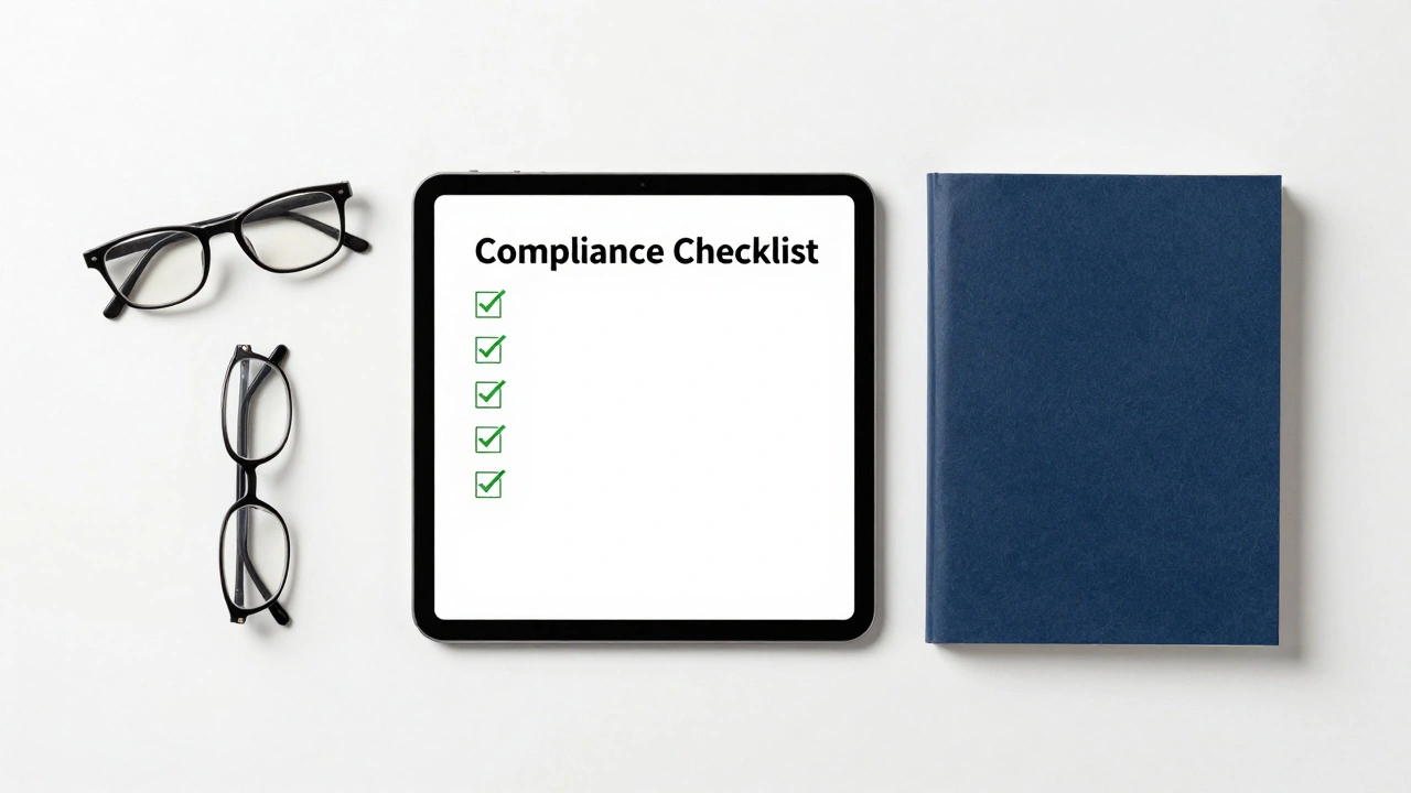 A tablet displaying a compliance checklist next to legal documents on a white background