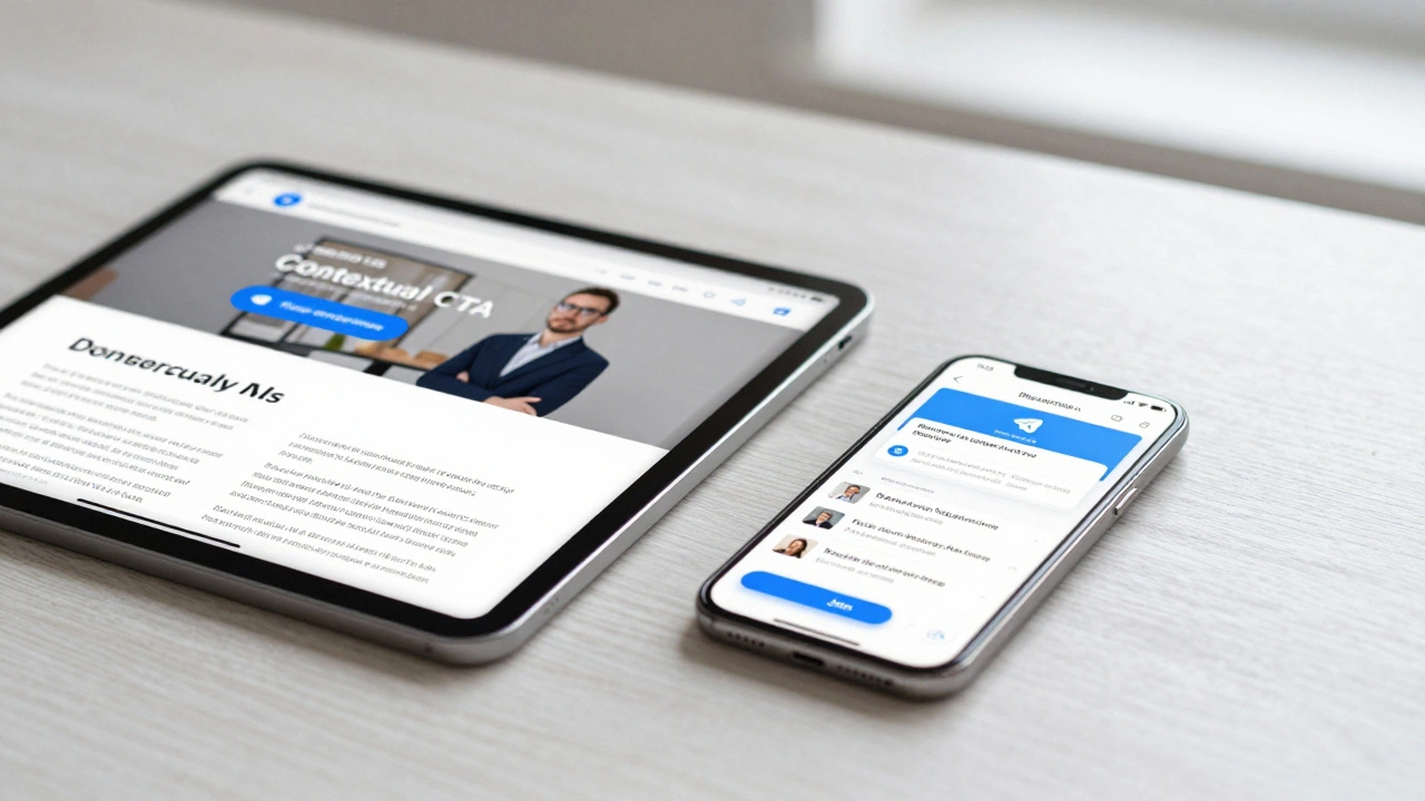 A tablet showing a blog article and a smartphone showing a Telegram news channel on a desk.