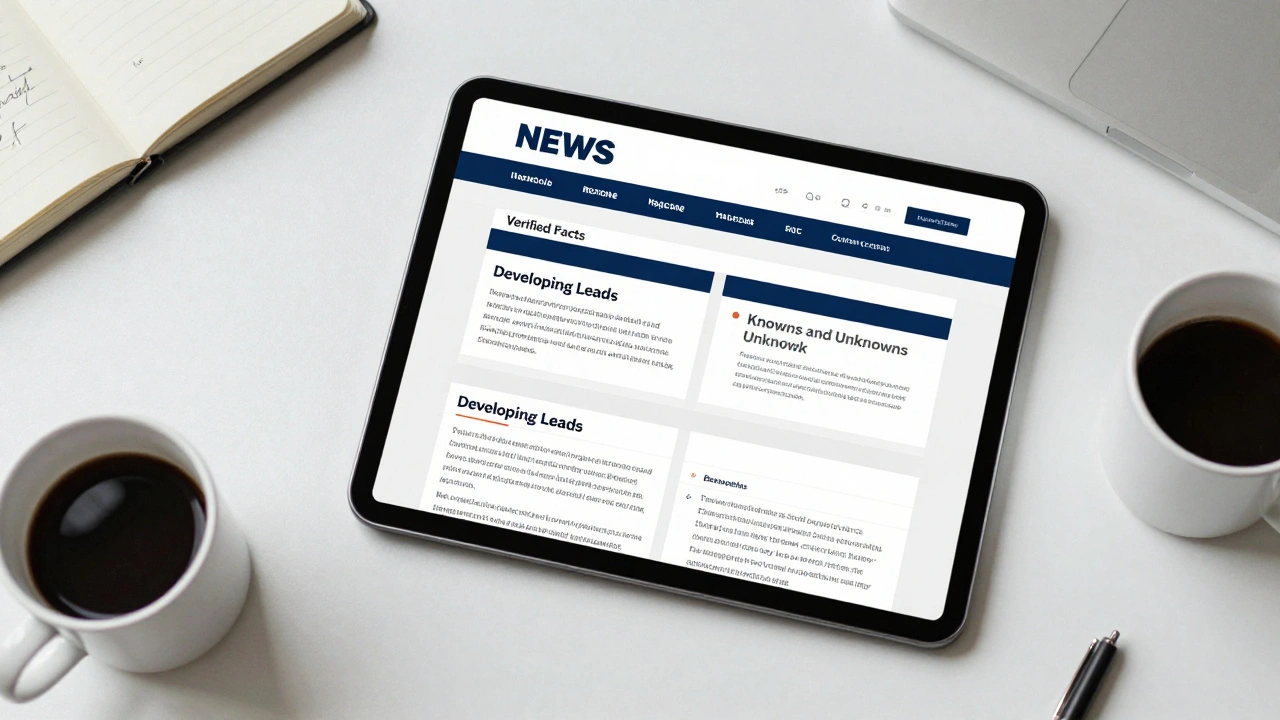 A tablet showing a news post structured by verified facts and developing leads on a desk.
