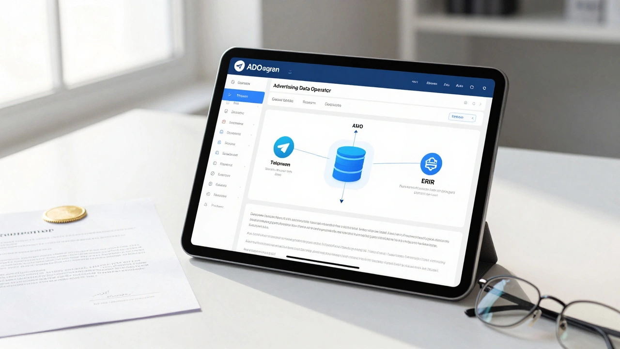 A tablet showing an ADO dashboard next to a signed legal contract on a desk.