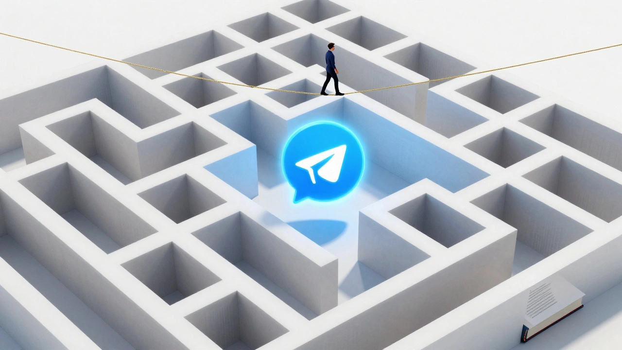A Telegram icon inside a maze of legal documents with a tightrope walker above