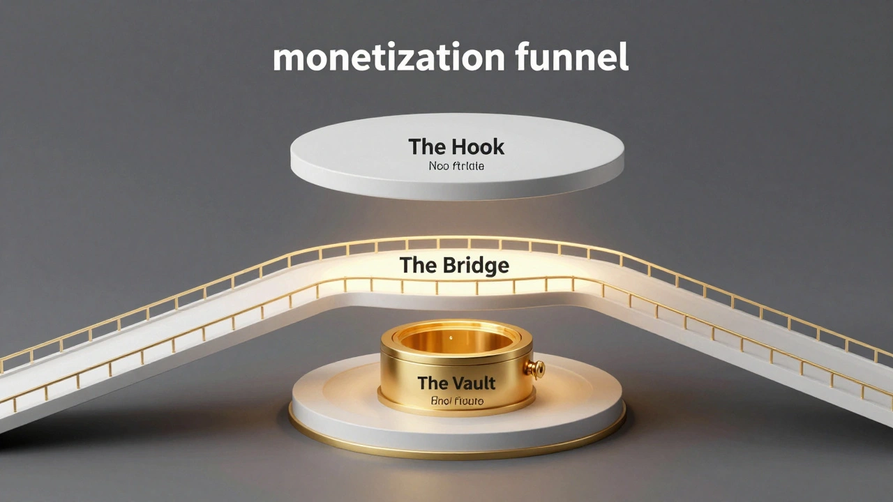 A three-tiered conceptual illustration representing a news monetization funnel from public to exclusive.