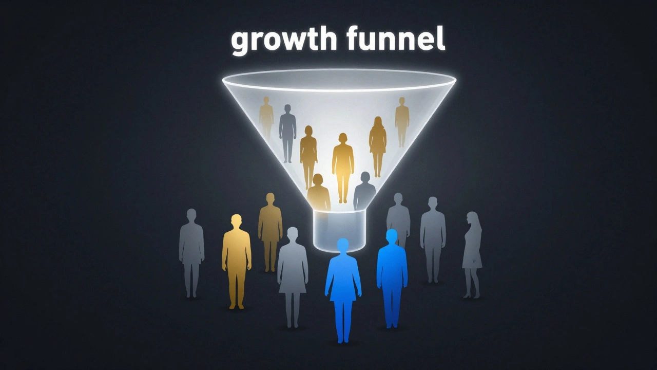 Abstract digital funnel showing users transforming from grey to gold colors.