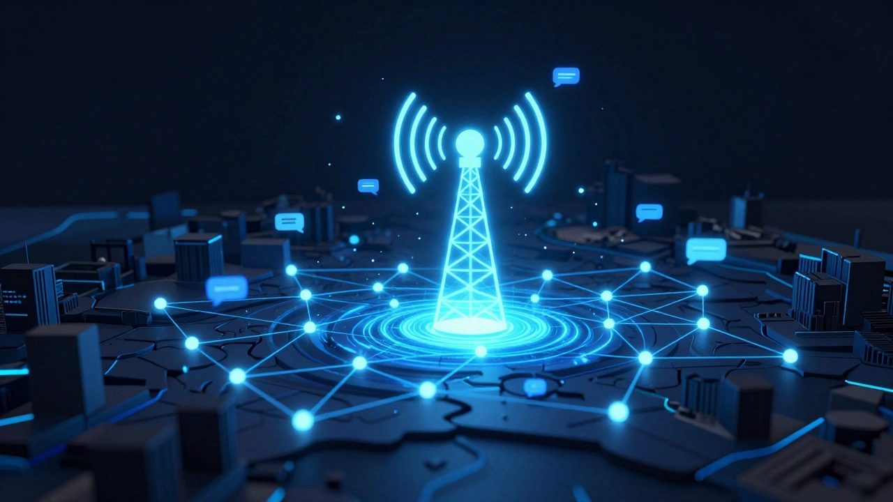 Abstract digital network showing data broadcasting over a city map.