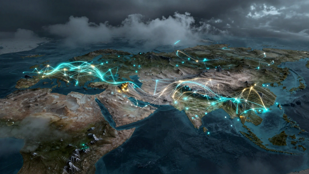 Abstract glowing digital threads crossing a mountainous landscape.