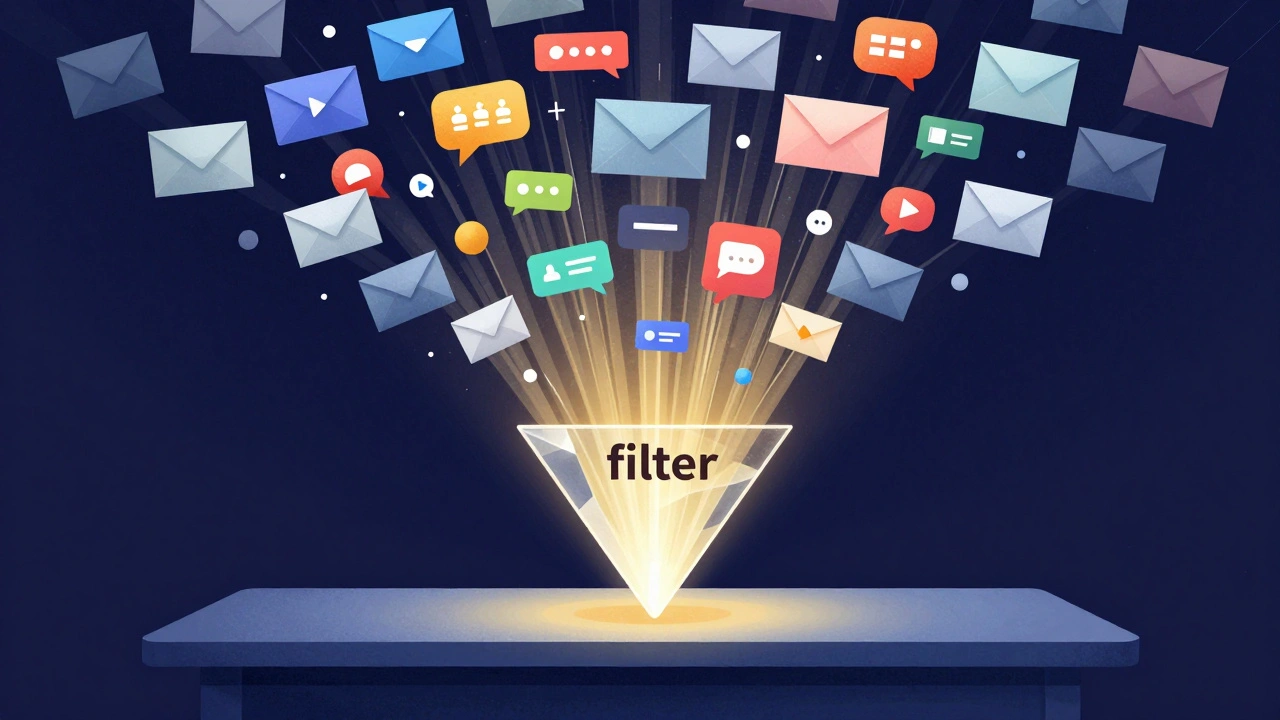 Abstract representation of chaotic digital data being filtered into a single coherent story