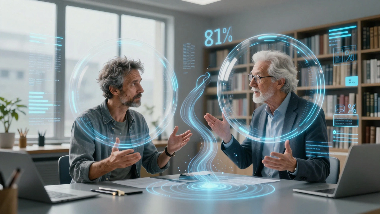 AI avatars of a business owner and retiree debating within a holographic data simulation.