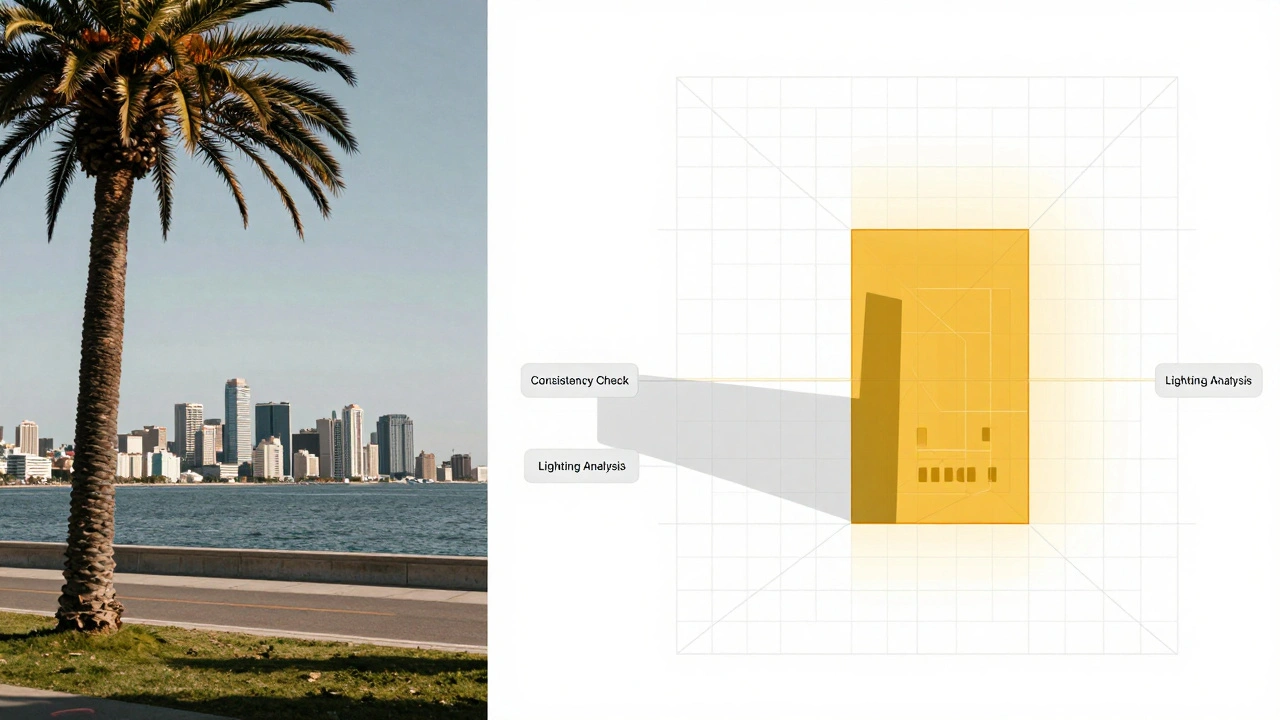 AI visual analysis of a city photo with technical overlays checking lighting and architecture