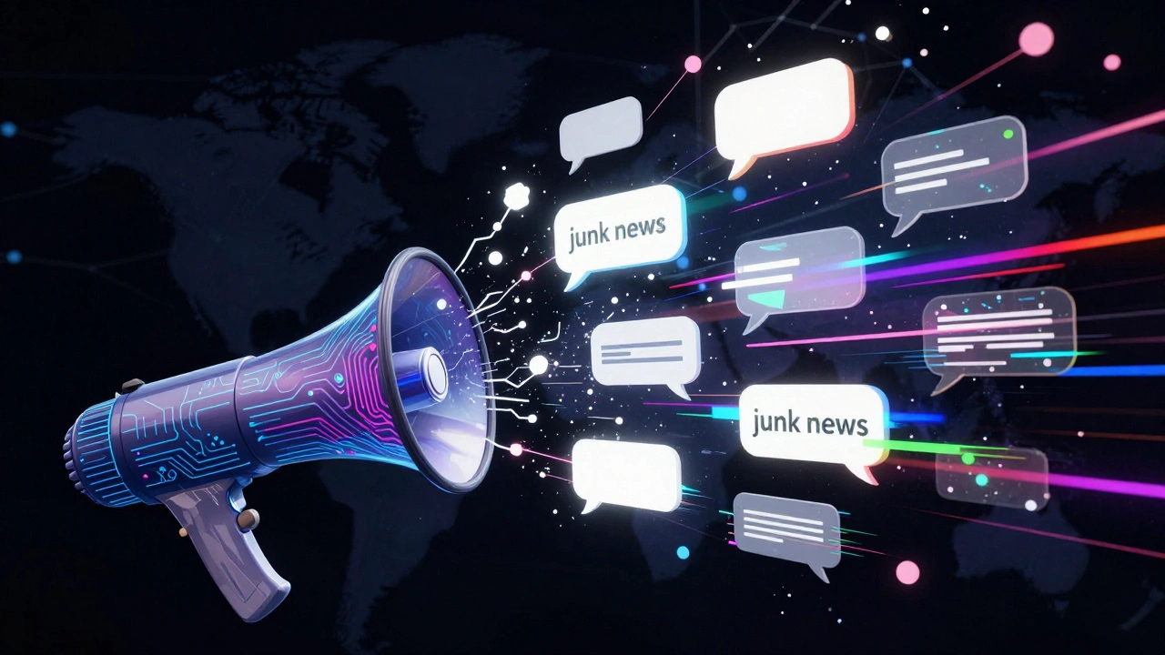 An abstract digital megaphone spreading fragmented and glitchy news data