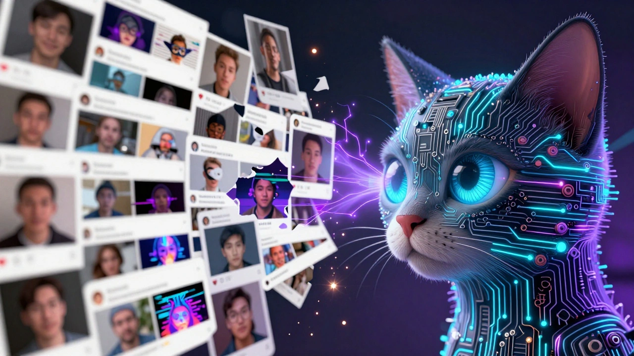 An AI eye scanning digital profiles and revealing AI-generated masks in a high-tech conceptual illustration.