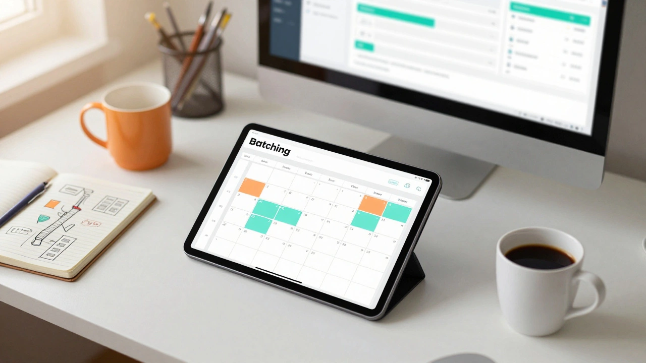An organized desk with a content calendar and tablet, illustrating the process of content batching.