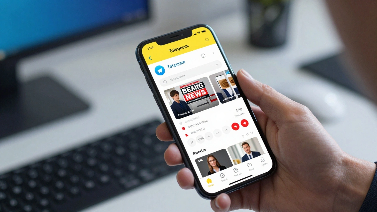 Close-up of a hand holding a smartphone showing an interactive Telegram news channel with a poll.