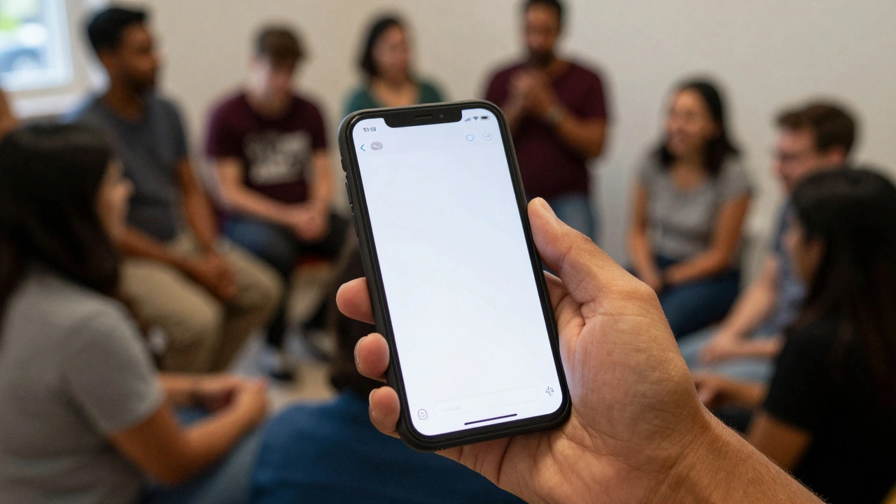 Close-up of a person using a smartphone to report news at a local community gathering.