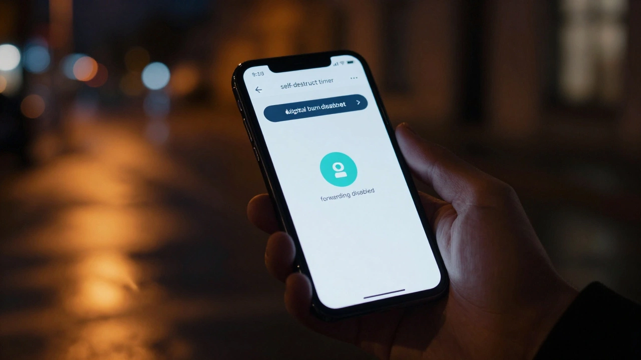 Close-up of a smartphone displaying secure chat features with a self-destruct timer in a dark city setting.
