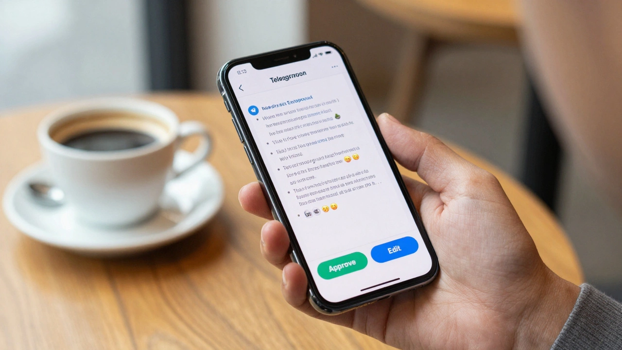 Close-up of a smartphone screen displaying a Telegram draft with approve and edit buttons in a cafe.