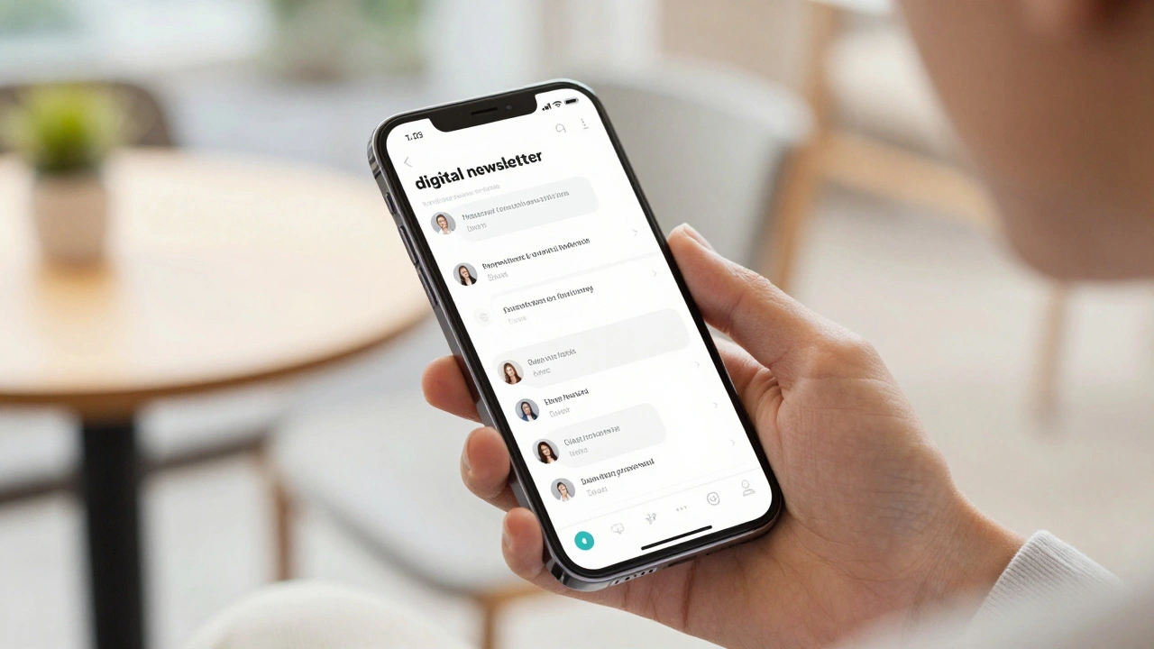 Close-up of a smartphone showing a personalized AI news dashboard in a bright cafe setting.