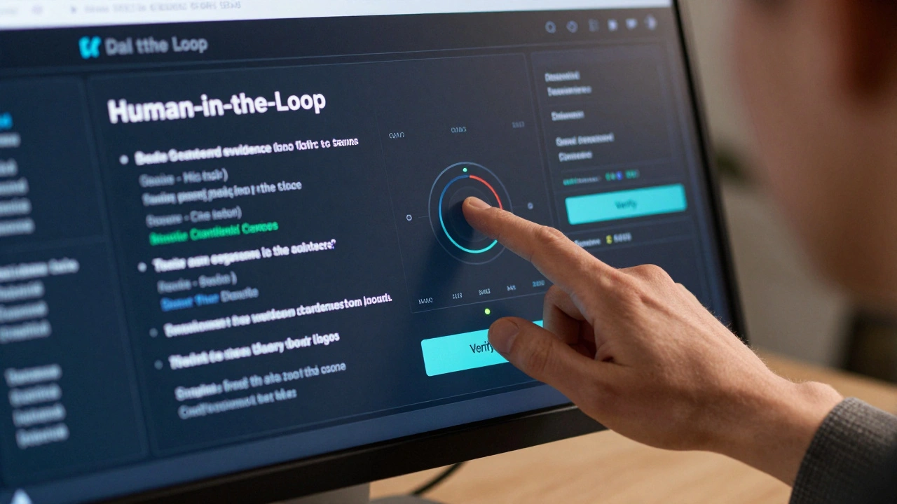 Close-up of an editor's hand using an AI dashboard to verify a flagged news claim.