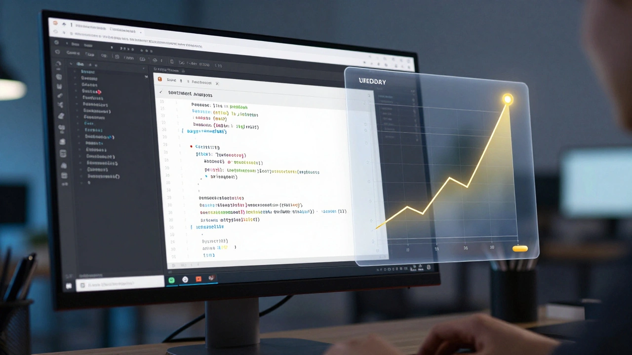 Computer screen showing Python code and a sentiment polarity graph with a specific data spike.