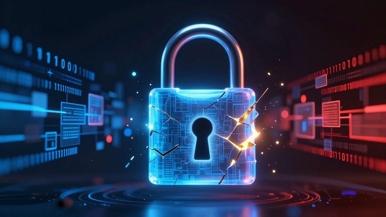 Conceptual 3D art of a fractured digital lock symbolizing encryption vulnerabilities.