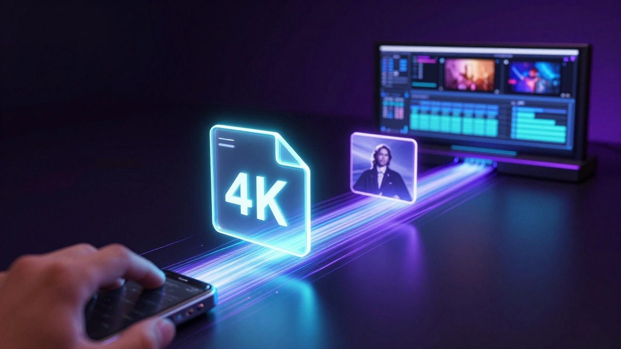 Conceptual 3D illustration of high-resolution 4K video and photos transferring through a digital light stream.