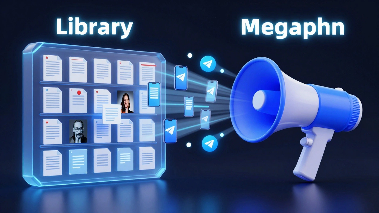 Conceptual art of a digital library and a megaphone representing archival depth versus instant speed.