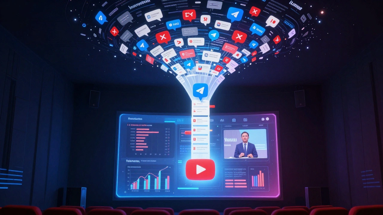 Conceptual art showing the flow of news from short alerts to detailed video analysis.