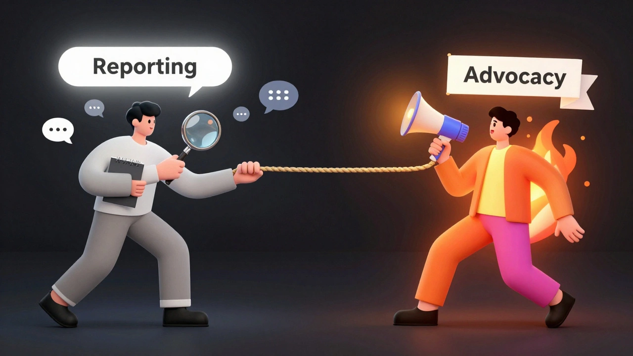 Conceptual illustration of a tug-of-war between objective reporting and passionate advocacy