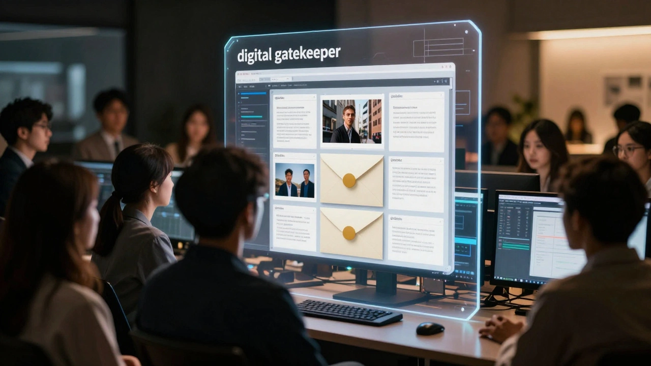 Conceptual image of a digital filter verifying news tips for an editor