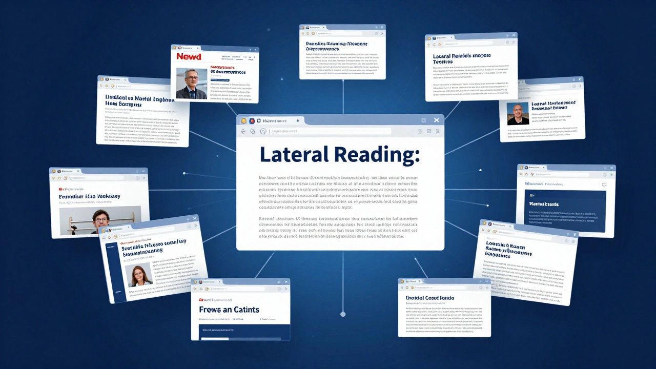 Conceptual image of a news story being verified through multiple floating browser tabs