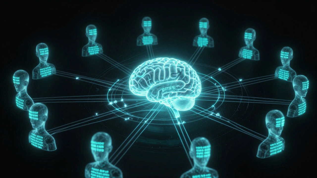 Conceptual network of identical bot profiles spreading the same message in a digital void