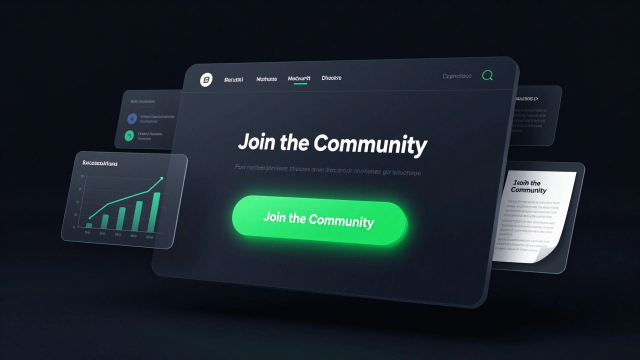 Dark mode landing page design with a glowing neon call-to-action button and holographic value icons