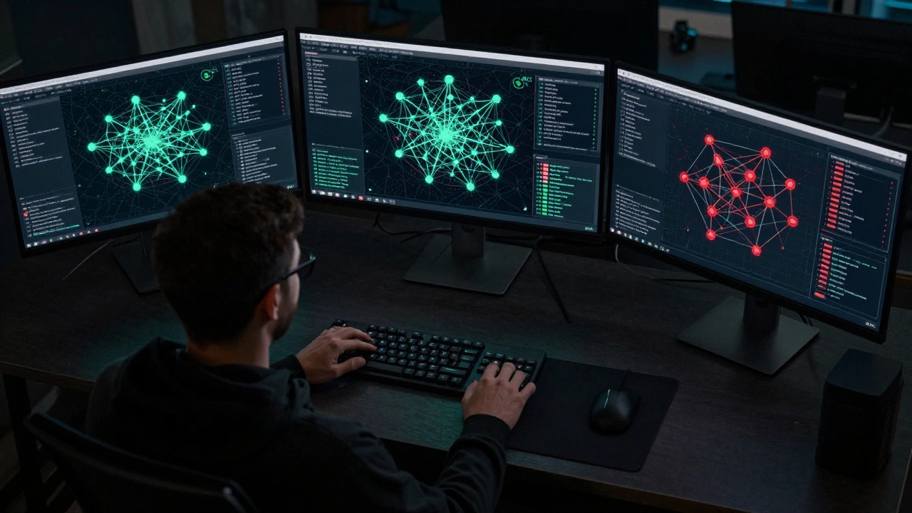 Dark workspace with multiple monitors displaying complex digital maps and network analysis tools.