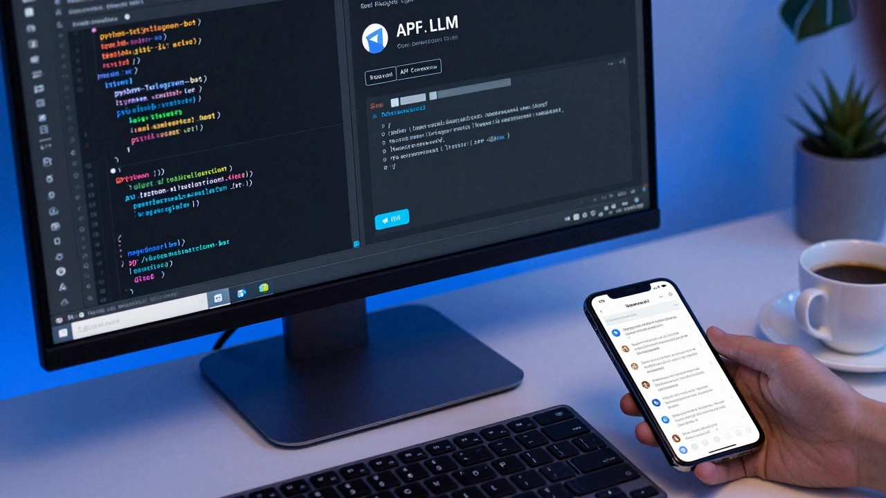 Developer workspace with code on screen and a Telegram bot summary on a phone.