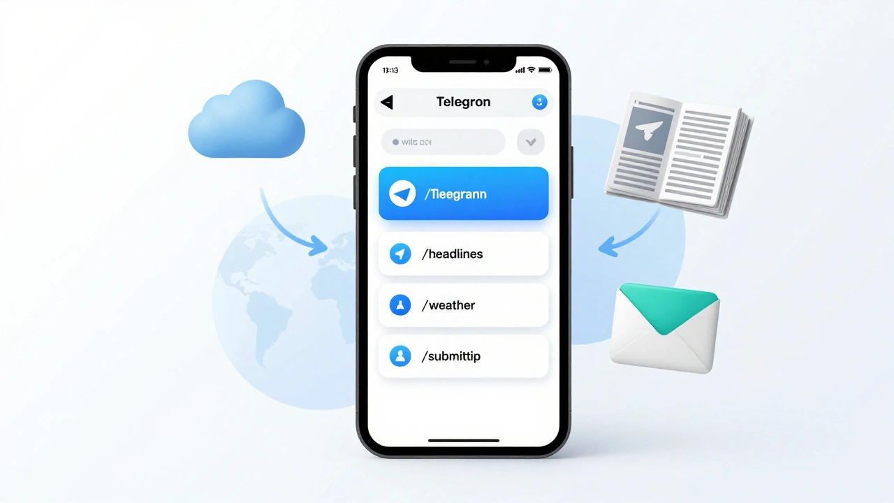 Digital art of a Telegram bot menu with interactive news command options.