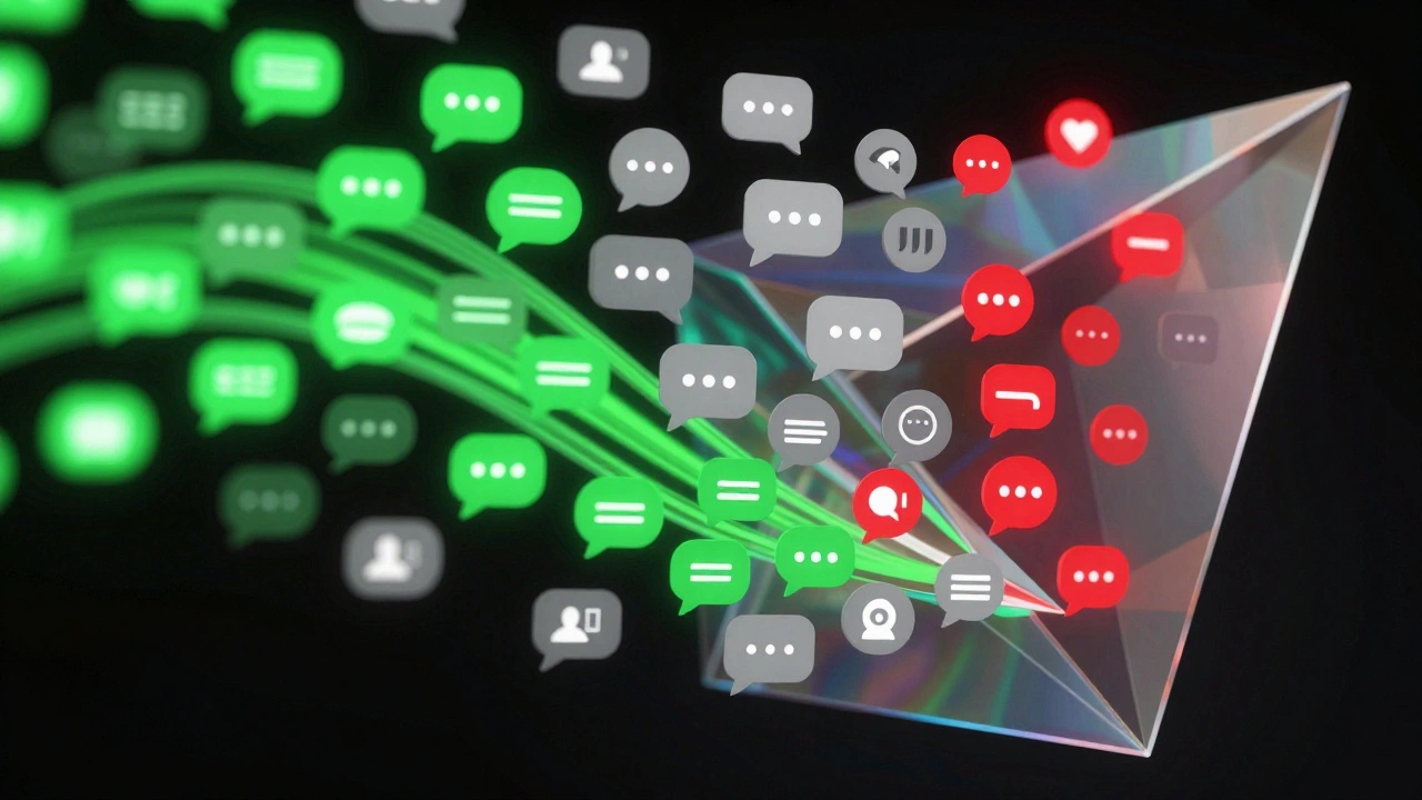 Digital art showing AI sorting social media speech bubbles into positive and negative sentiment colors.