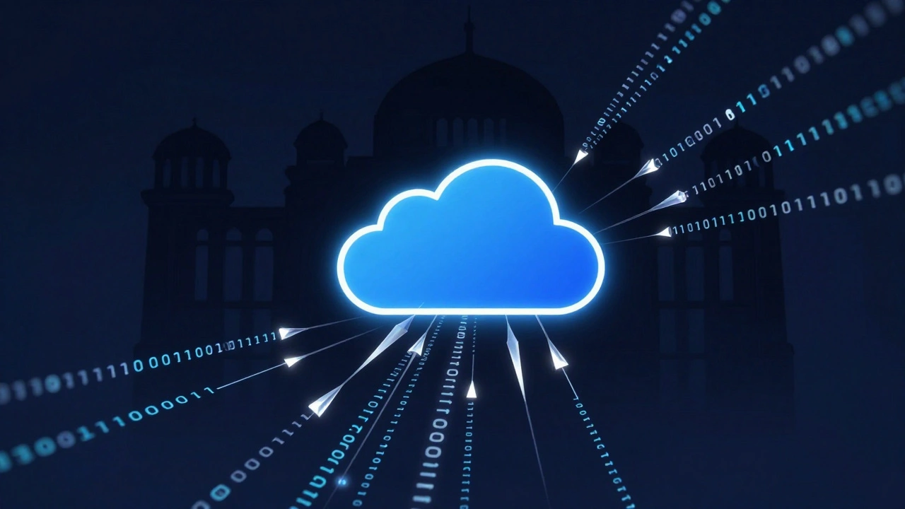 Digital art showing data being extracted from a cloud server by surveillance tools