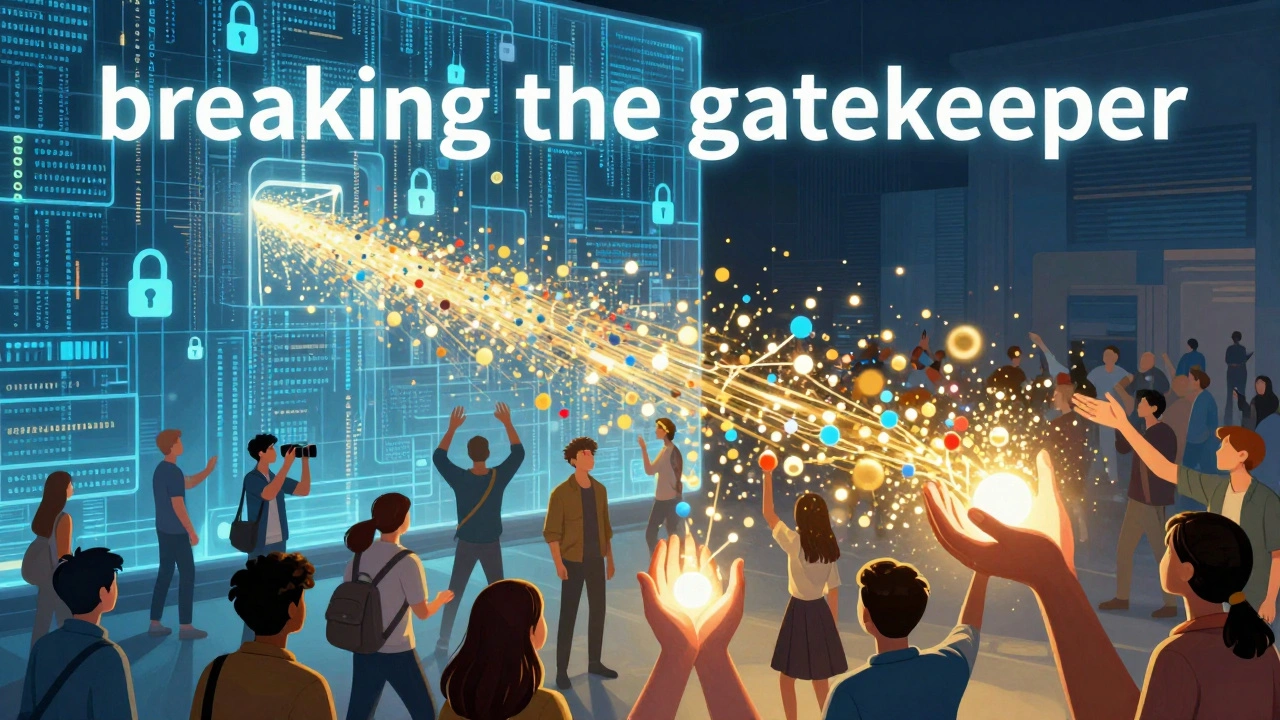 Digital art showing light particles bypassing a wall of code to reach a crowd of people