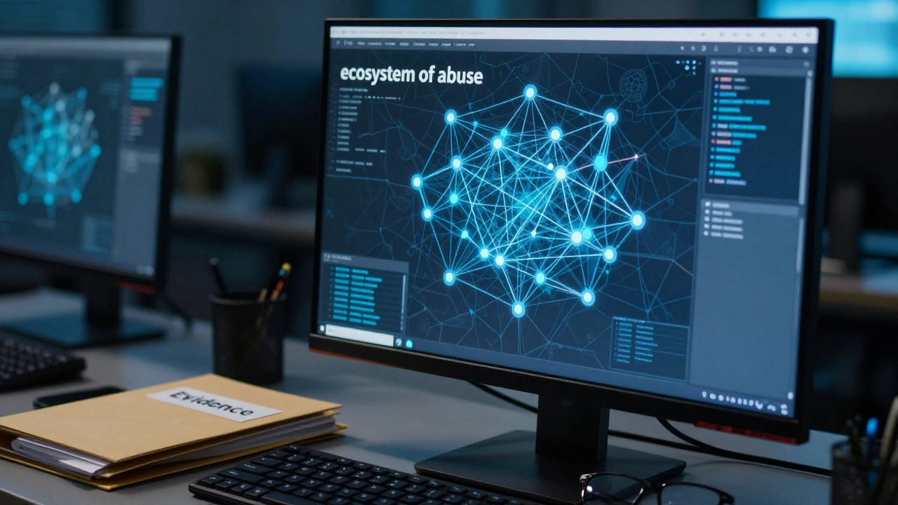 Digital forensic monitor showing a complex network map of illegal online activities