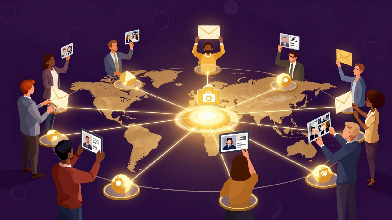 Digital illustration of a global community collaborating to submit news leads.