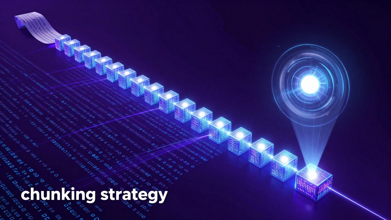 Digital illustration of a long text being sliced and condensed into concise data points by AI