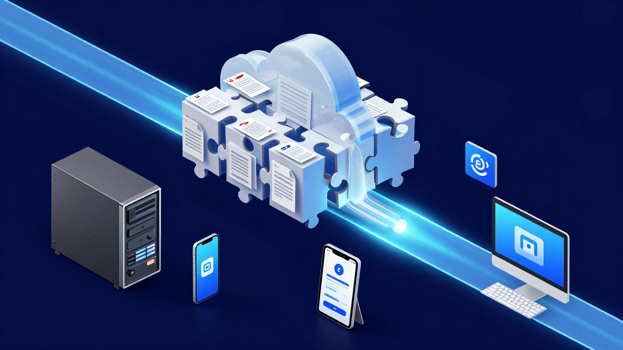 Digital illustration of documents streaming to multiple devices via cloud architecture