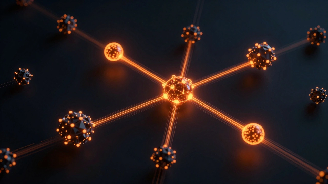 Digital network showing glowing bridge nodes connecting isolated clusters of data