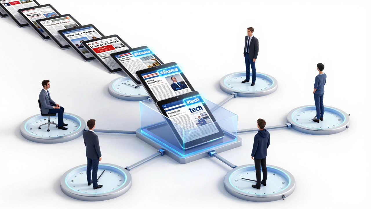 Digital news articles passing through an AI prism and being sorted into time-based delivery portals.