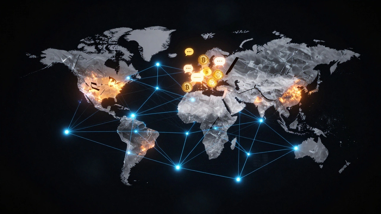 Digital representation of a network being blocked by grey walls with cryptocurrency symbols