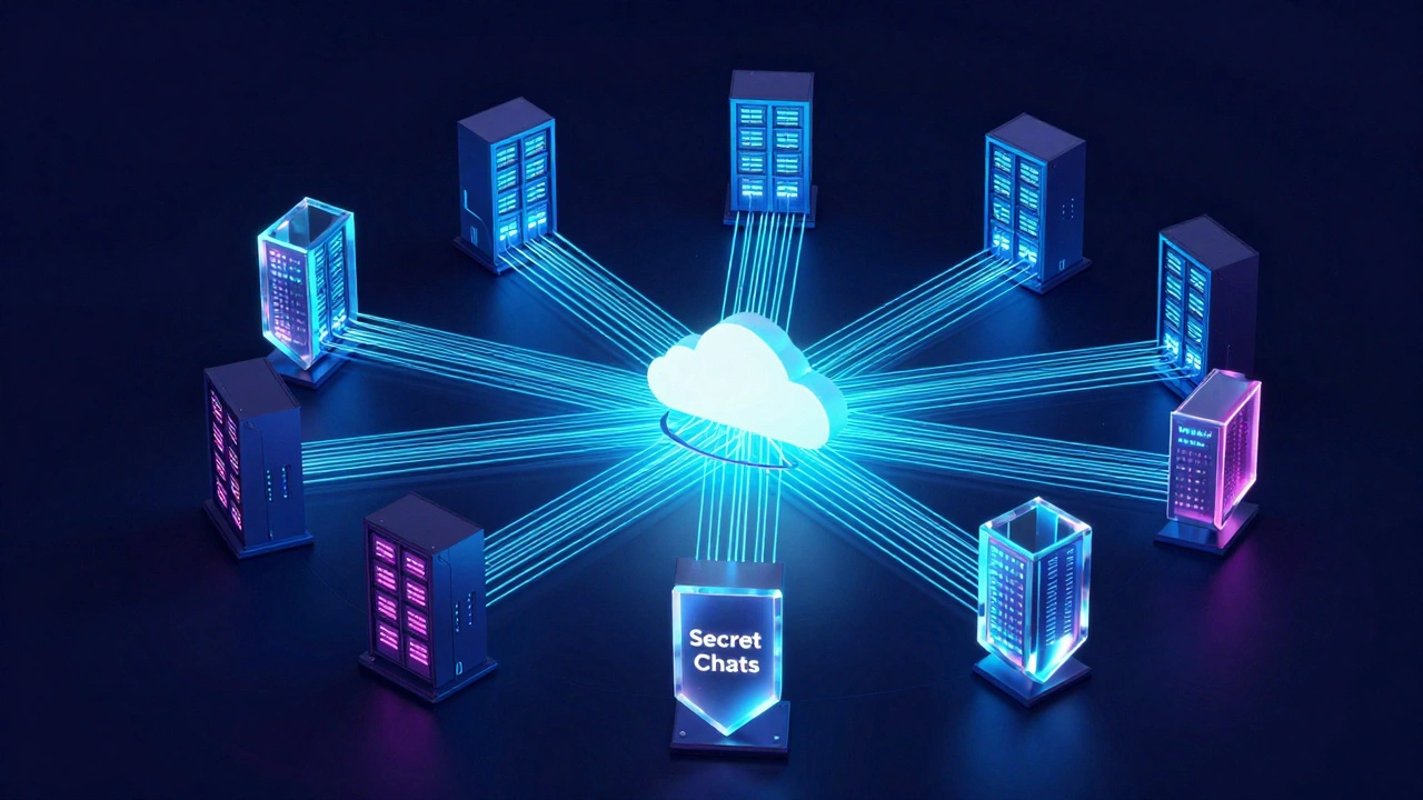 Digital server farm with glowing data streams and shielded secret chat connections.