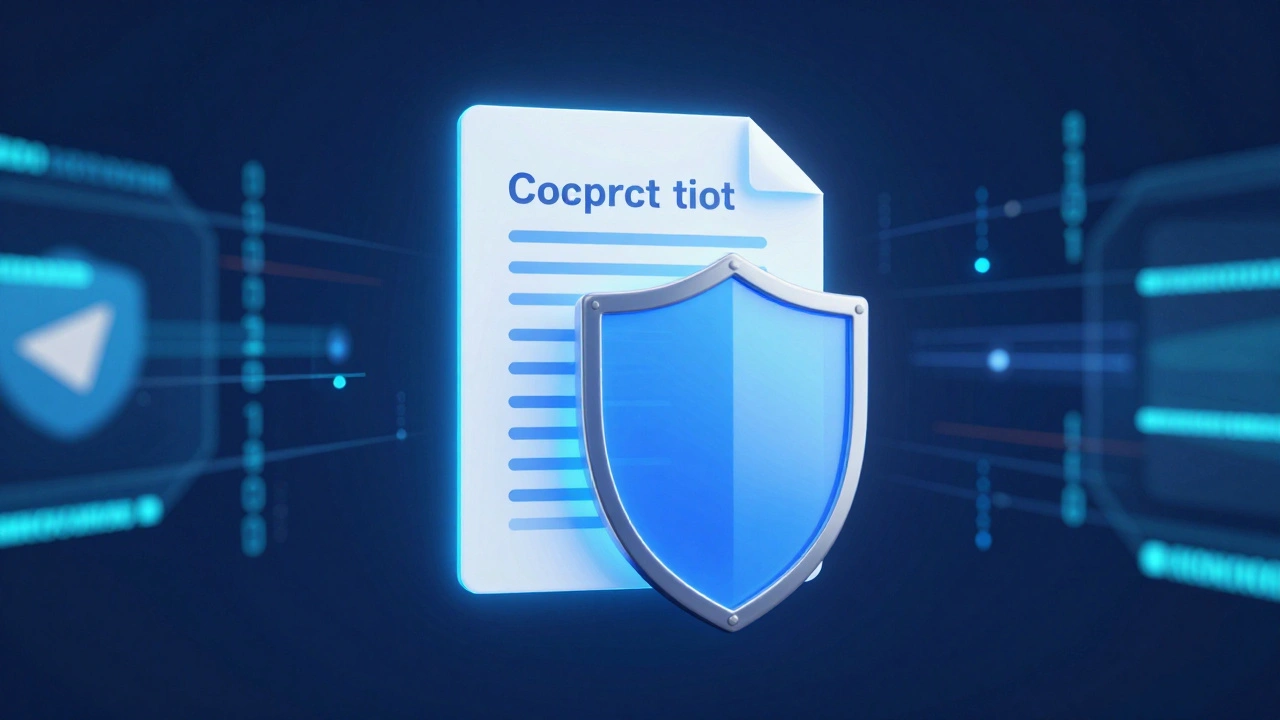 Digital shield protecting a glowing copyright document amidst blue data streams